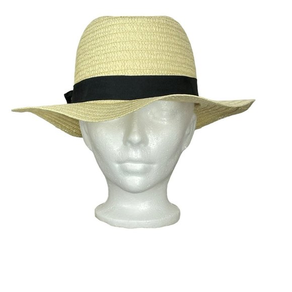 Vintage Panama Style Trilby Tan‎ Neutral Beige Black Trim Straw Hand Woven Beach - Picture 1 of 9
